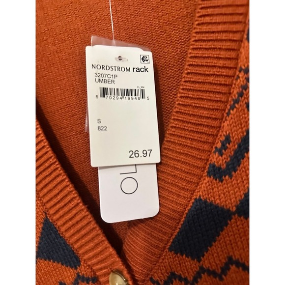 New Olivia Sky Women's Burnt Orange and Navy V Neck Cardigan with Pockets Size s - Picture 2 of 8